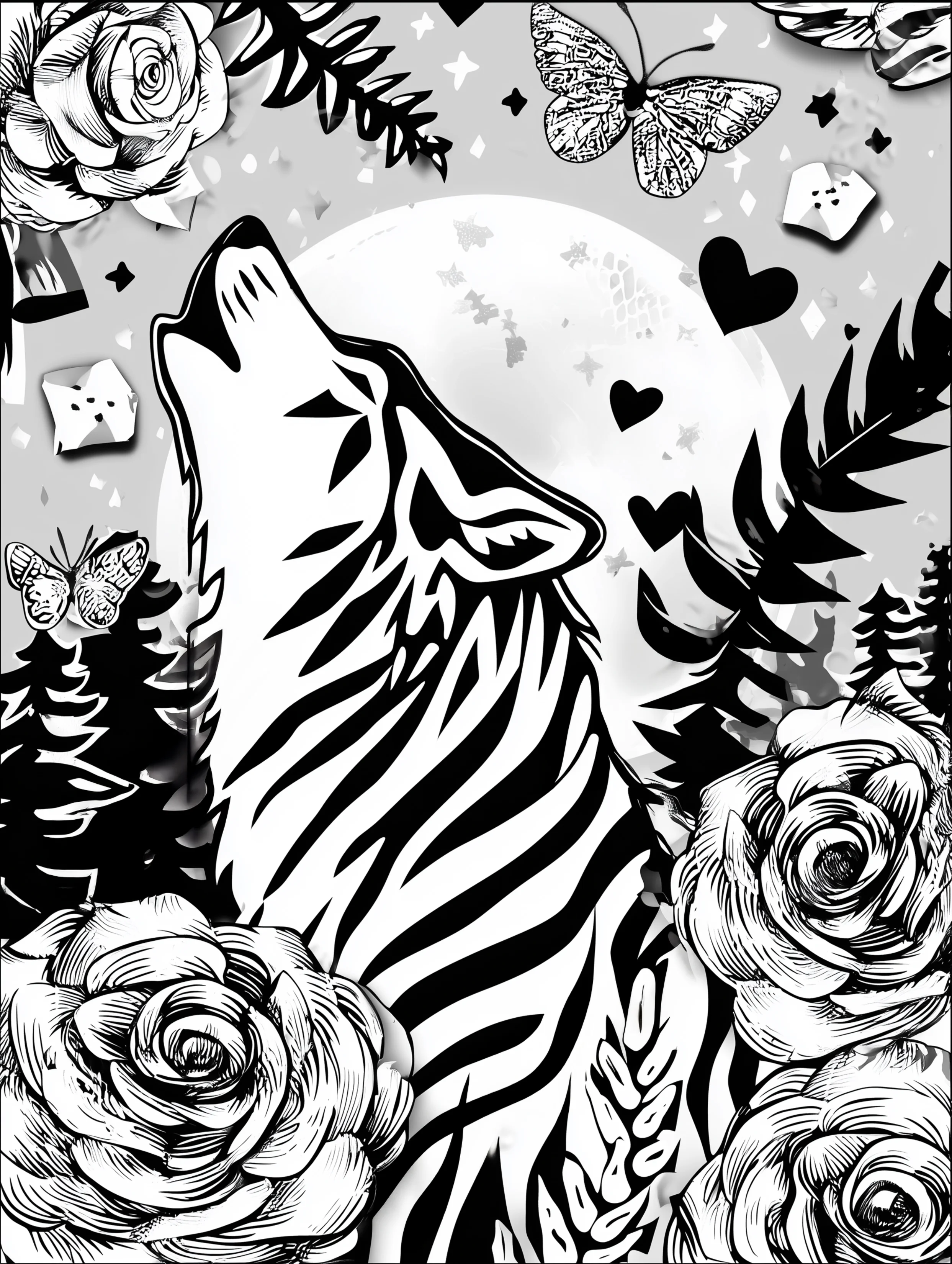 Free printable wolf coloring page for adults featuring a wolf surrounded by large flowers
